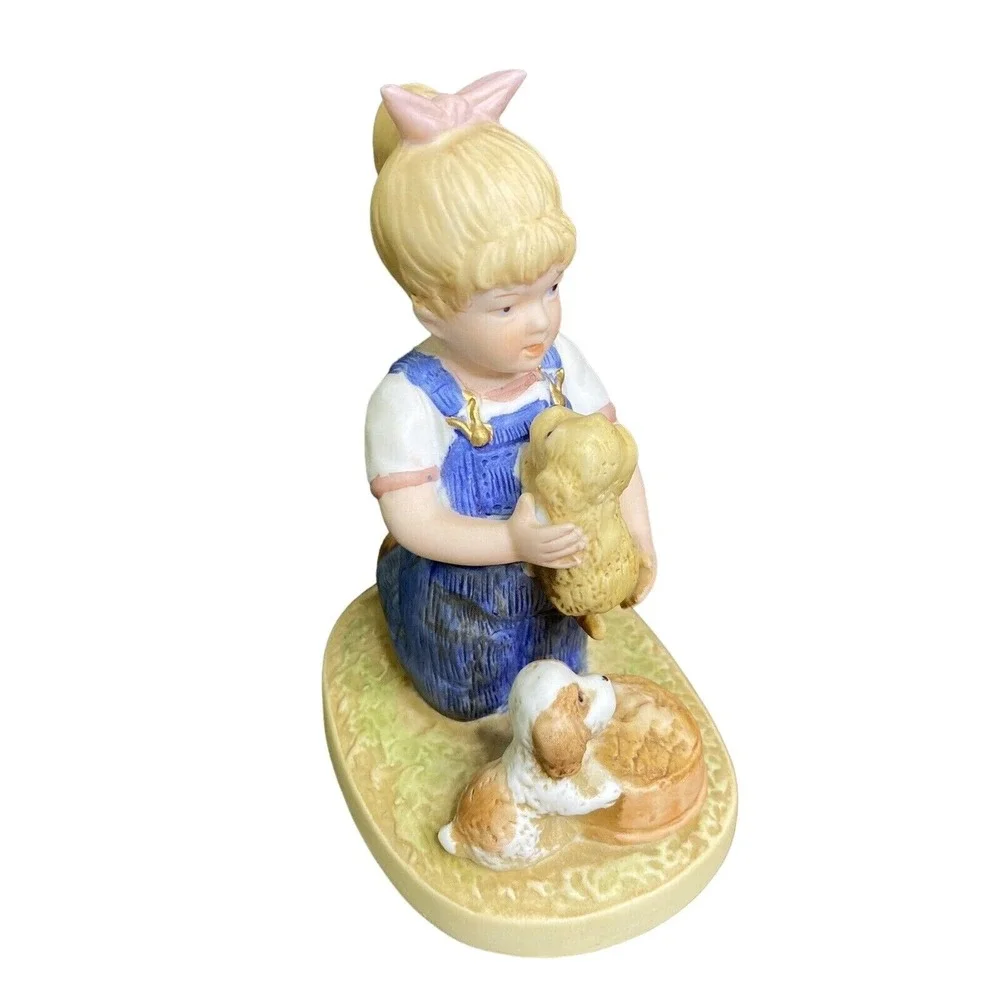 Vtg 80s Homco Denim Days Debbie Puppy Love Figurine 1503 Farmhouse Country Charm